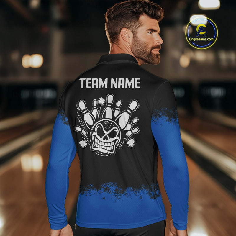 Black and Blue Funny Bowling Polo, Quarter Zip Shirt for Men Custom Bowling Team Jersey NQS9982