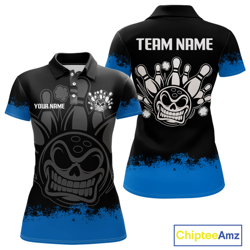Black and Blue Funny Bowling Polo, Quarter Zip Shirt for Women Custom Bowling Team Jersey NQS9982