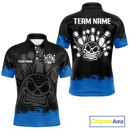 Black and Blue Funny Bowling Polo, Quarter Zip Shirt for Men Custom Bowling Team Jersey NQS9982