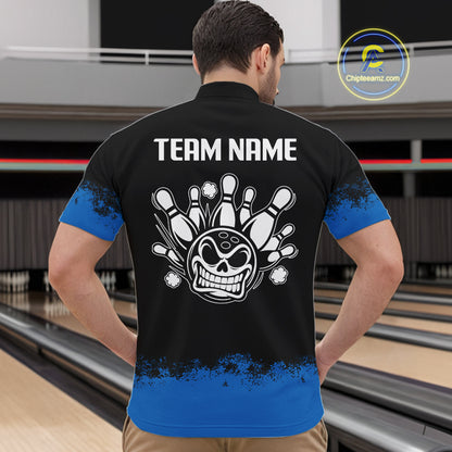 Black and Blue Funny Bowling Polo, Quarter Zip Shirt for Men Custom Bowling Team Jersey NQS9982