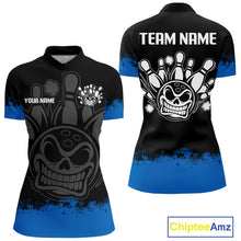Load image into Gallery viewer, Black and Blue Funny Bowling Polo, Quarter Zip Shirt for Women Custom Bowling Team Jersey NQS9982