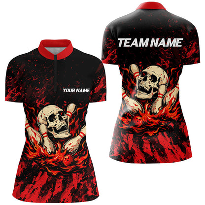 Red Camo Skull Flame Bowling Polo, 1/4 Quarter Zip Shirts For Women, Custom Name Bowling Team Jerseys NQS7851