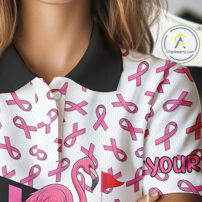 Pink ribbon pattern flamingo Women golf polo shirts Custom breast cancer awareness ladies golf outfit NQS10149