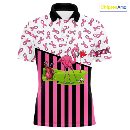 Pink ribbon pattern flamingo Men golf polo shirts Custom breast cancer awareness golf outfit for men NQS10149