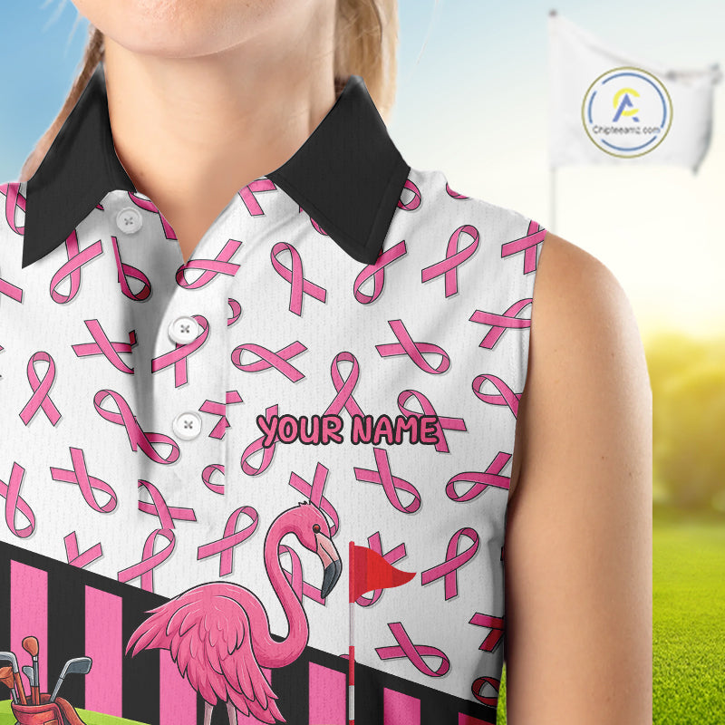 Pink ribbon pattern flamingo Women sleeveless polo shirt Custom breast cancer awareness golf outfit NQS10149