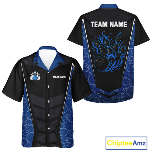 Black and Blue Camo Flame Bowling Hawaiian shirt Custom team bowling league shirt NQS10150
