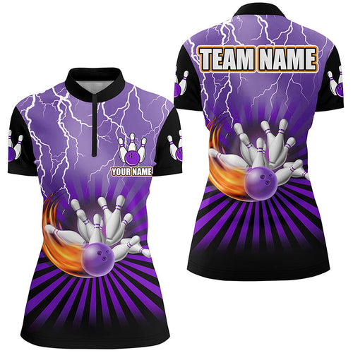 Women Bowling Shirts Custom lightning storm vintage Bowling Team Jersey, gift for Bowlers | Purple NQS8283