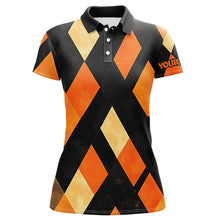 Load image into Gallery viewer, Black and orange argyle pattern Women golf polo shirts custom ladies halloween golf shirt NQS8290