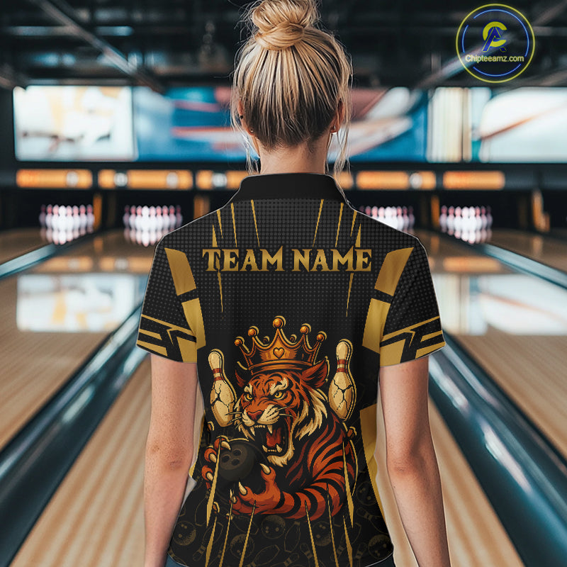 Personalized Black and Gold Tiger Bowling Shirt For Women Custom Team bowling jersey, gift for Bowler NQS10474