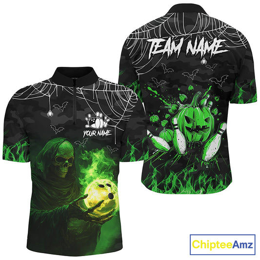 Black Bowling Camo Green flame Skull Custom Halloween Bowling Shirts For Men, Bowling Team Jerseys NQS8500