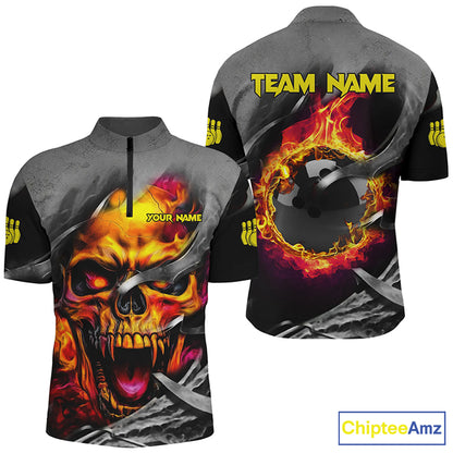 Flame Skull Bowling Shirts For Men Custom Halloween Bowling Team Jerseys, bowling gifts for him NQS8503