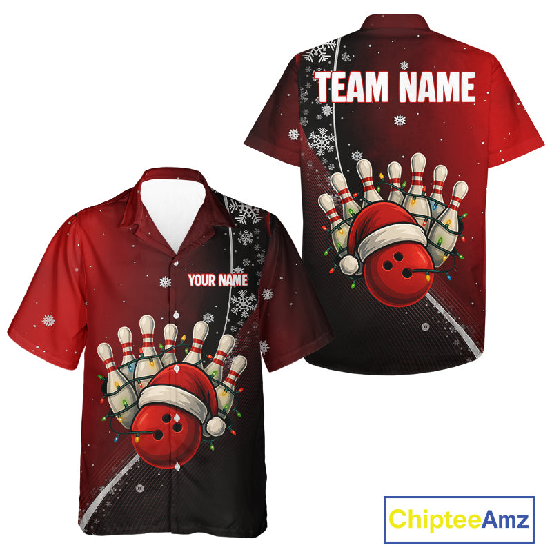 Custom Funny Christmas Bowling Hawaiian Shirt, Black & Red Gradient Xmas Bowling Outfit Bowler Gift NQS10692