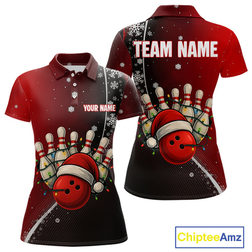 Custom Funny Christmas Bowling Shirts For Women, Black & Red Gradient Xmas Bowling Outfit Bowler Gift NQS10692