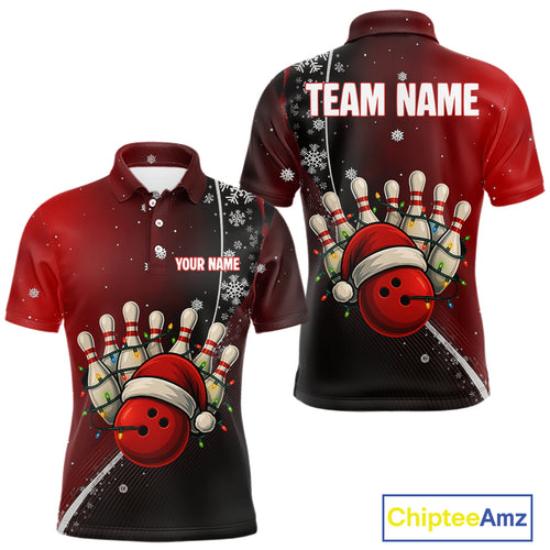 Custom Funny Christmas Bowling Shirts For Men, Black and Red Gradient Xmas Bowling Outfit Bowler Gift NQS10692
