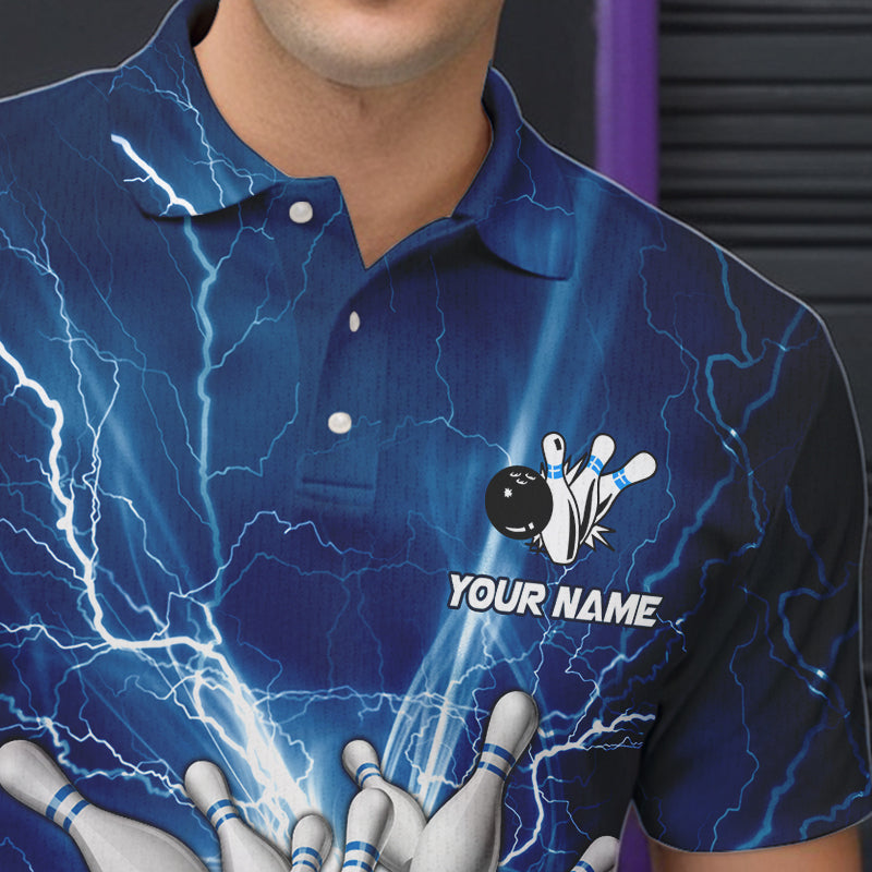 Mens polo bowling shirts Custom blue lightning thunder Bowling Team Jersey, gift for team Bowlers NQS6638