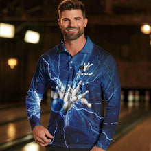 Load image into Gallery viewer, Mens polo bowling shirts Custom blue lightning thunder Bowling Team Jersey, gift for team Bowlers NQS6638