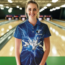 Load image into Gallery viewer, Women bowling polo shirts Custom blue lightning thunder Bowling Team Jersey, gift for team Bowlers NQS6638