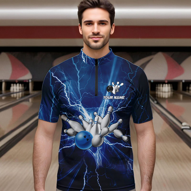 Men's bowling Quarter Zip shirts Custom blue lightning thunder Bowling Team Jersey, gift for Bowlers NQS6638
