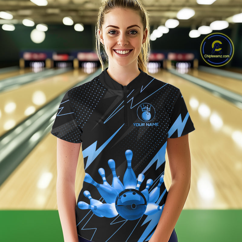 Custom Black and Blue Bowling Polo, Quarter Zip Shirts for Women, Team Bowling League Jersey NQS10892