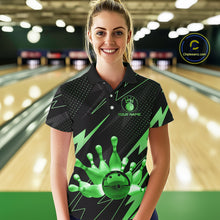 Load image into Gallery viewer, Custom Black and Green Bowling Polo, Quarter Zip Shirts for Women, Team Bowling League Jersey NQS10893