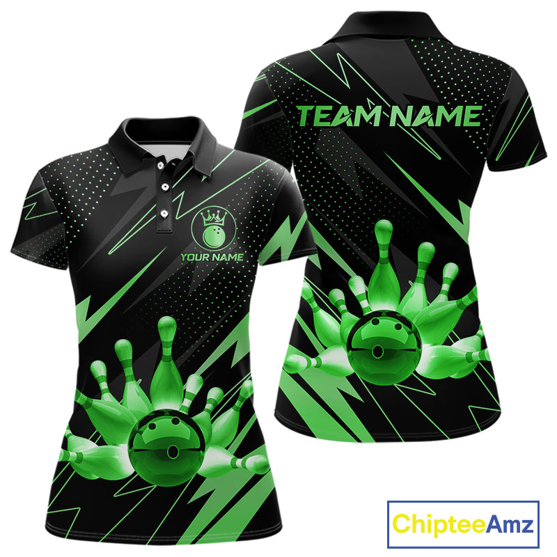 Custom Black and Green Bowling Polo, Quarter Zip Shirts for Women, Team Bowling League Jersey NQS10893