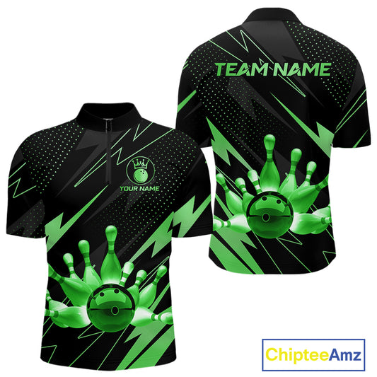 Custom Black and Green Bowling Polo, Quarter Zip Shirts for Men, Team Bowling League Jersey NQS10893