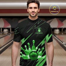 Load image into Gallery viewer, Custom Black and Green Bowling Polo, Quarter Zip Shirts for Men, Team Bowling League Jersey NQS10893