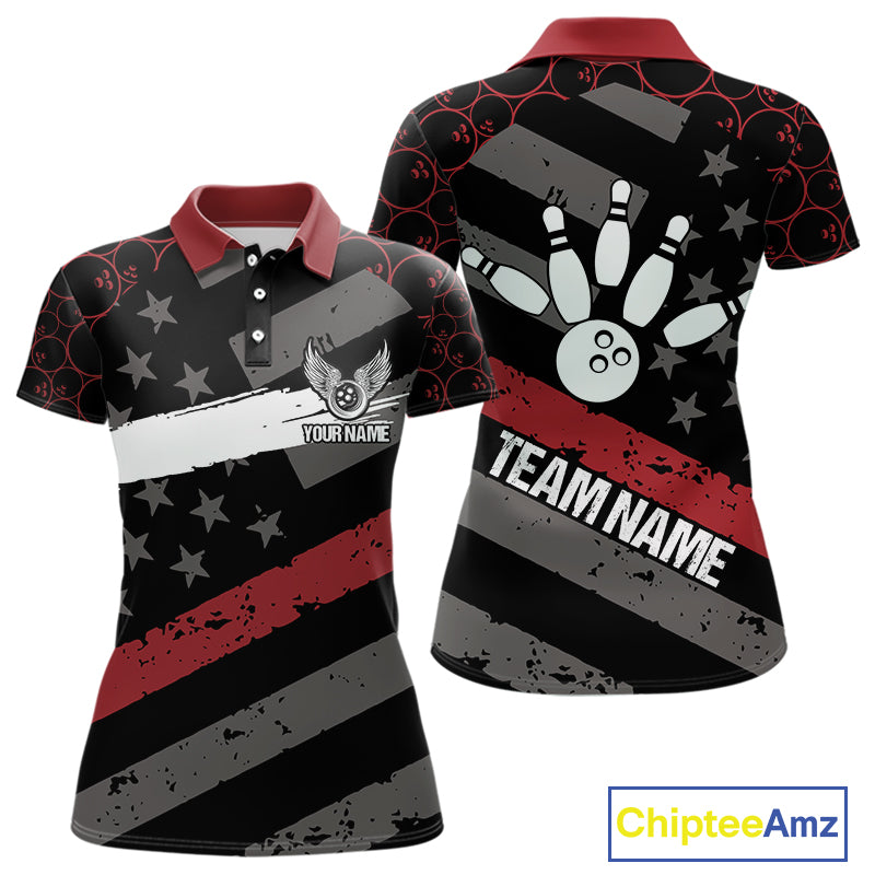 Black American flag Women bowling shirts Custom bowling camo Team Jerseys, gift for Bowlers | Red NQS10895