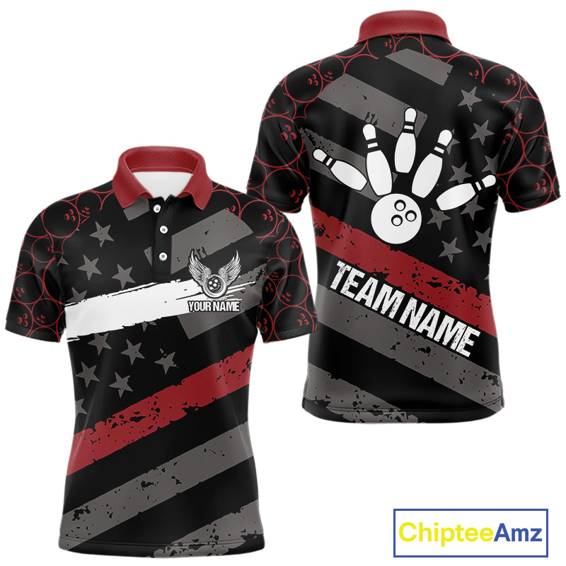 Black American flag Men bowling shirts Custom bowling camo Team Jerseys, gift for Bowlers | Red NQS10895