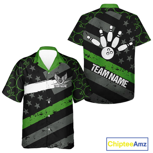 Black American flag Bowling Hawaiian shirt Custom bowling camo Team Jerseys, gift for Bowlers | Green NQS10896