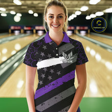 Load image into Gallery viewer, Black American flag Women bowling shirts Custom bowling camo Team Jerseys, gift for Bowlers | Purple NQS10897