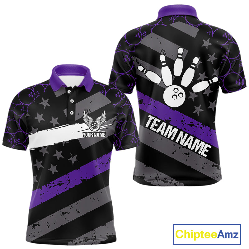 Black American flag Men bowling shirts Custom bowling camo Team Jerseys, gift for Bowlers | Purple NQS10897