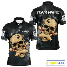Load image into Gallery viewer, Personalized Black American Flag Skull Bowling Shirts For Men Custom Team&#39;s Name Skull Bowler Jerseys NQS11082