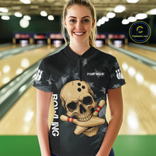 Load image into Gallery viewer, Personalized Black American Flag Skull Bowling Shirt For Women Custom Team&#39;s Name Skull Bowler Jersey NQS11082