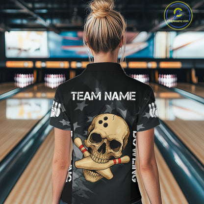 Personalized Black American Flag Skull Bowling Shirt For Women Custom Team's Name Skull Bowler Jersey NQS11082