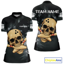 Load image into Gallery viewer, Personalized Black American Flag Skull Bowling Shirt For Women Custom Team&#39;s Name Skull Bowler Jersey NQS11082