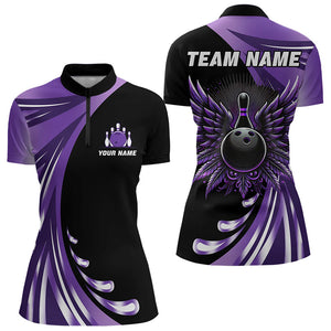 Black and Purple Bowling Ball and Pins wings Bowling Shirts for Women Custom Team Bowling Jerseys NQS9209