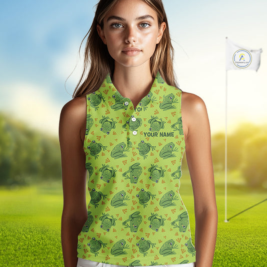 Funny Green Frog pattern Women Sleeveless polo shirt Custom ladies golf top, personalized golf gifts NQS11284