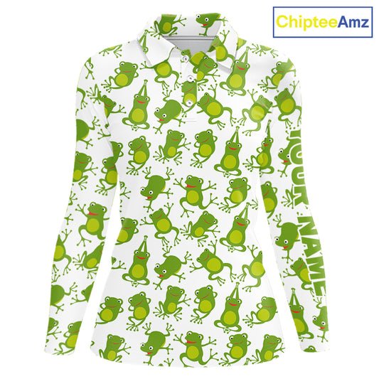 Funny Green Frog pattern Womens Golf polo shirts Custom golf attire for ladies, gift for golfers NQS11285