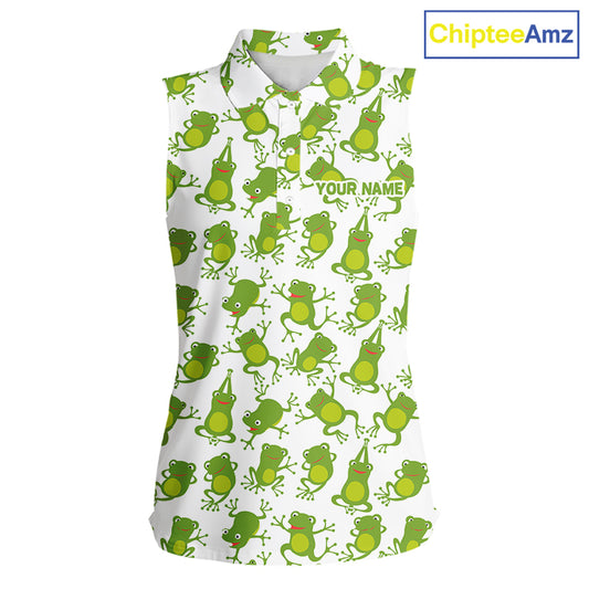 Funny Green Frog pattern Women Sleeveless polo shirt Custom golf attire for ladies, gift for golfers NQS11285
