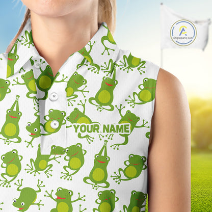 Funny Green Frog pattern Women Sleeveless polo shirt Custom golf attire for ladies, gift for golfers NQS11285