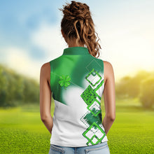 Load image into Gallery viewer, Womens sleeveless polo shirt custom green clover St Patrick day golf shirts, golfing gifts NQS4741