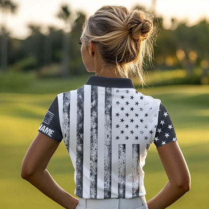 Personalized Black & White American Flag Retro Women golf polo shirts Custom Patriotic ladies golf top NQS9568