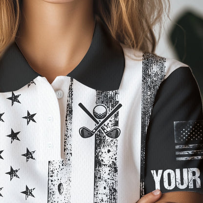 Personalized Black & White American Flag Retro Women golf polo shirts Custom Patriotic ladies golf top NQS9568