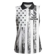 Load image into Gallery viewer, Personalized Black &amp; White American Flag Retro Women sleeveless polo shirt Patriotic laies golf top NQS9568