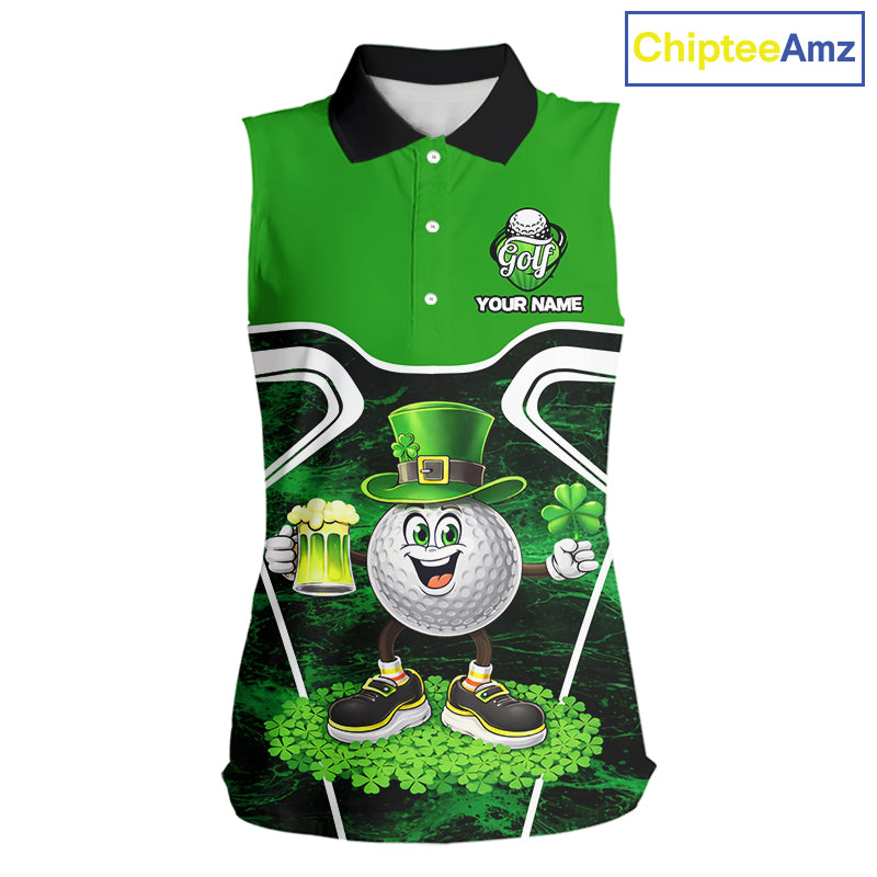 Funny Golf and Beer Green Shamrock Sleeveless Golf shirt Custom St Patrick Team Ladies Golf Jerseys NQS11673