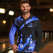 Load image into Gallery viewer, Personalized Black and Blue Bowling Polo, Quarter Zip Shirts For Mens Custom Bowling Team Jersey NQS9723