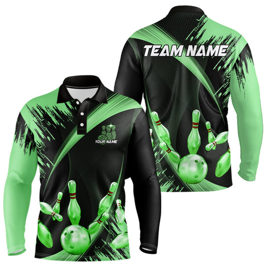 Personalized Black and Green Bowling Polo, Quarter Zip Shirts For Mens Custom Bowling Team Jersey NQS9724