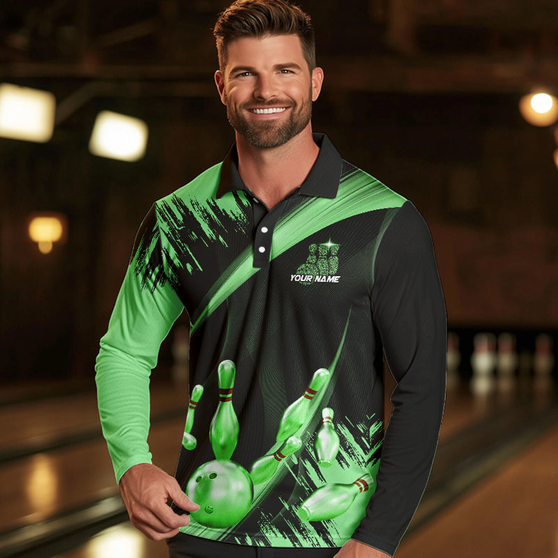 Personalized Black and Green Bowling Polo, Quarter Zip Shirts For Mens Custom Bowling Team Jersey NQS9724
