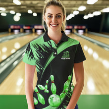 Load image into Gallery viewer, Personalized Black and Green Bowling Polo, Quarter Zip Shirts For Women Custom Bowling Team Jersey NQS9724